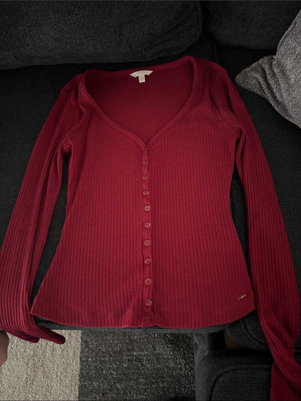 Guess Ribbed Button-Front Top in Wine Red